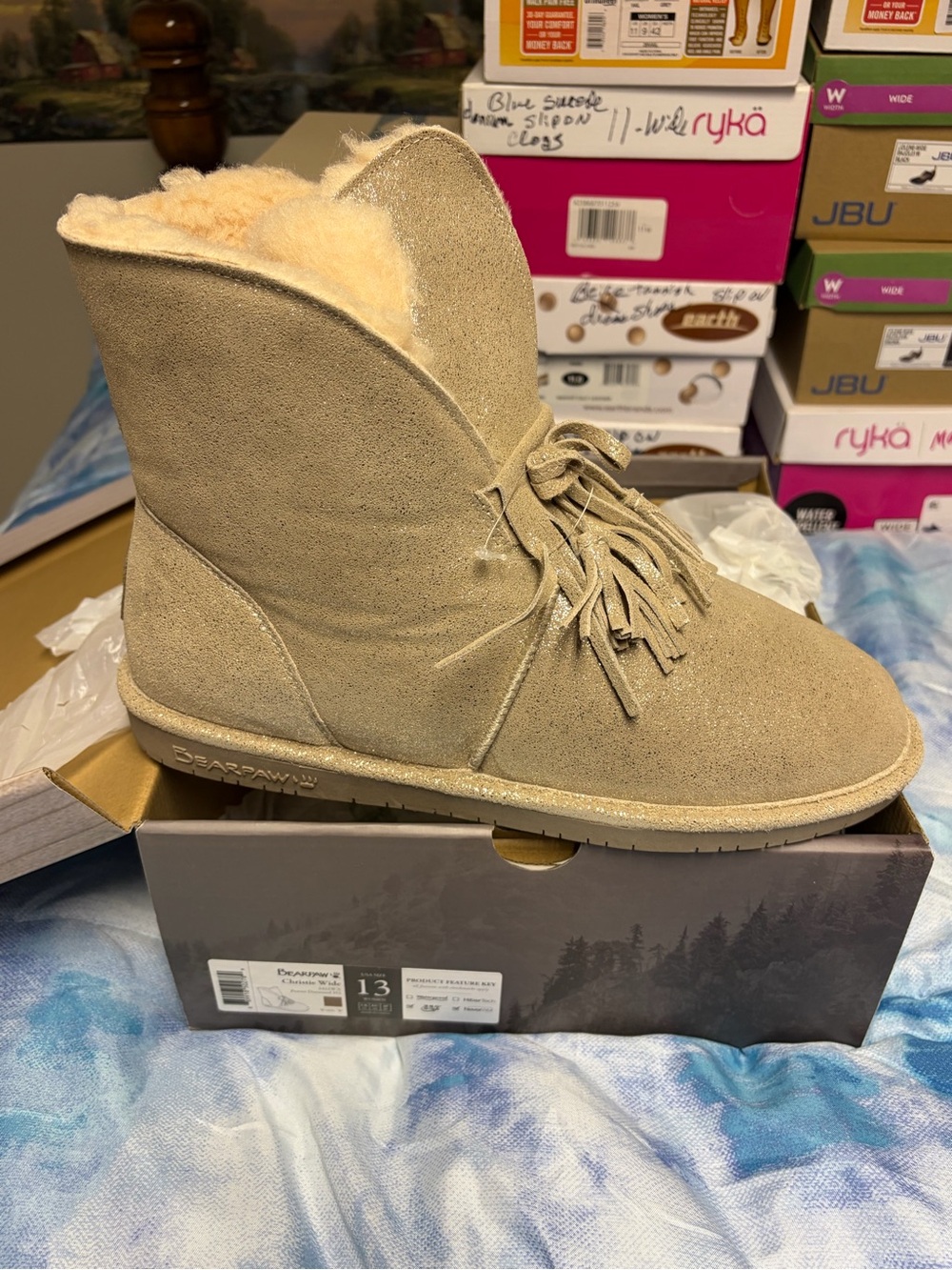 BearPaw Women's Tan Suede Shearling Fringe Booties